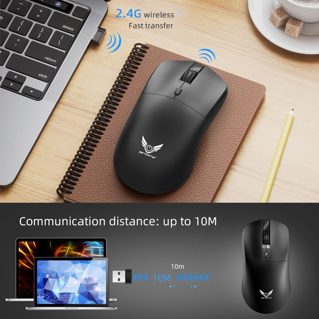 T2 2.4G Wireless Mouse Ergonomic Gaming Mouse 800/1200/1600DPI 4 Mute Buttons Mouse
