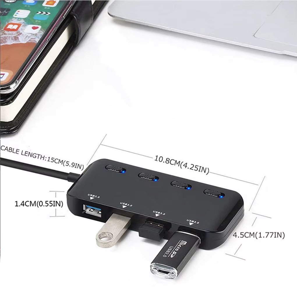 USB Hub Ultra-Slim USB 3.0 Hub adapter USB to 4 USB 3.0 Data Ports with Individual Power Switches