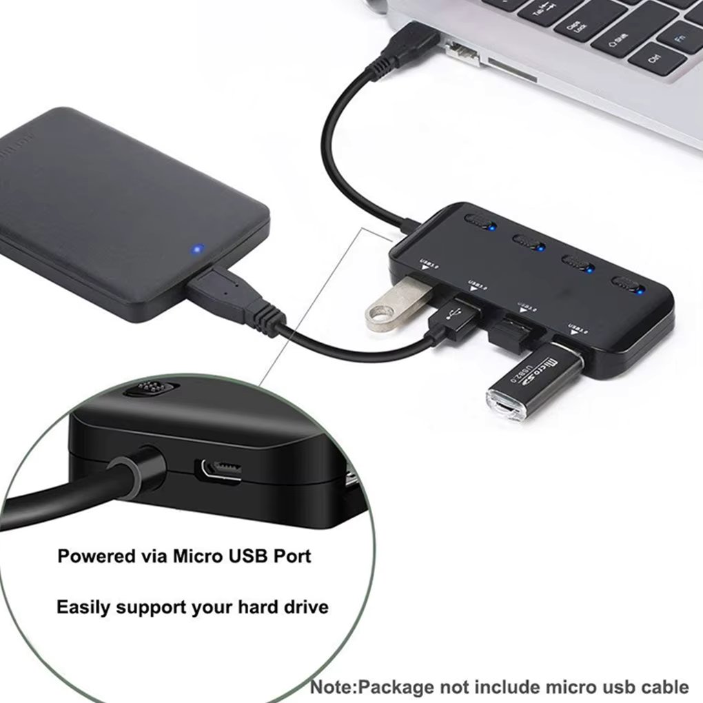 USB Hub Ultra-Slim USB 3.0 Hub adapter USB to 4 USB 3.0 Data Ports with Individual Power Switches