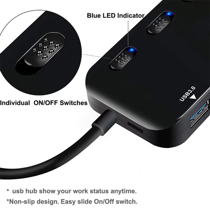 USB Hub Ultra-Slim USB 3.0 Hub adapter USB to 4 USB 3.0 Data Ports with Individual Power Switches