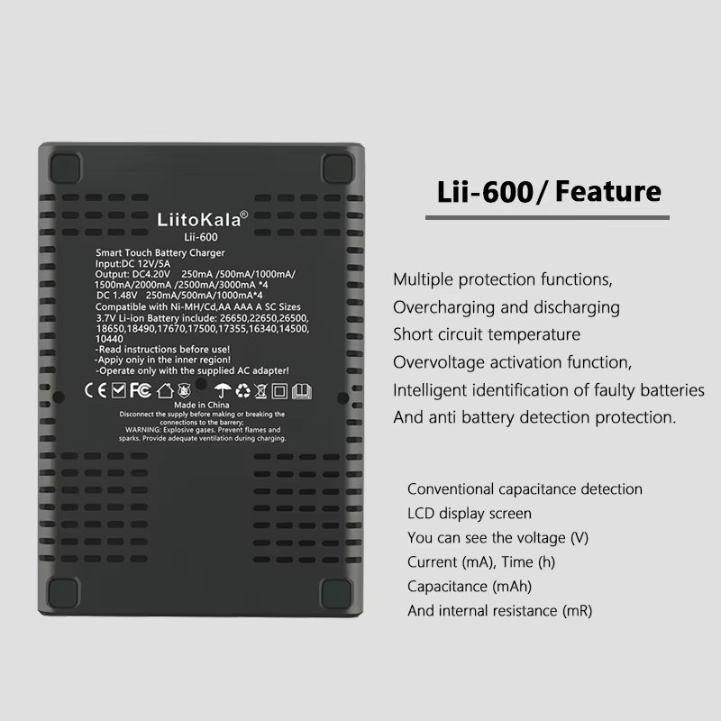 LiitoKala Lii-600 LCD Lithium Battery Charger 3.7V and NiMH 1.2V Battery Suitable for 18650 26650 21700 26700 16340 18350 AA AAA
