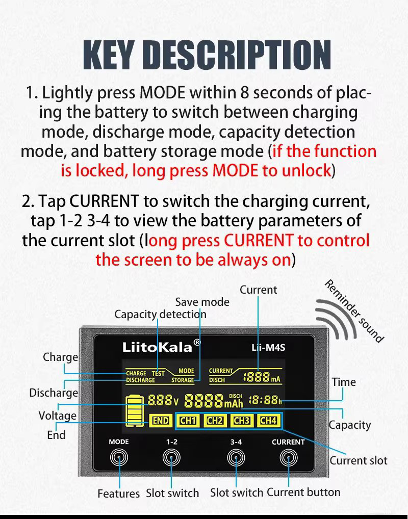 LiitoKala Lii-M4S 18650 LCD Display Smart Charger Test Capacity Suitable For 3.7V 26650 18350 21700 18500 1.2V AA AAA 4 Slots