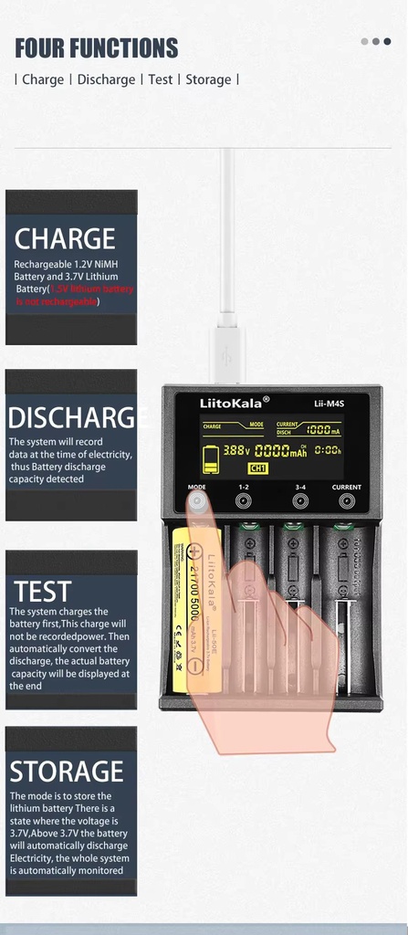 LiitoKala Lii-M4S 18650 LCD Display Smart Charger Test Capacity Suitable For 3.7V 26650 18350 21700 18500 1.2V AA AAA 4 Slots