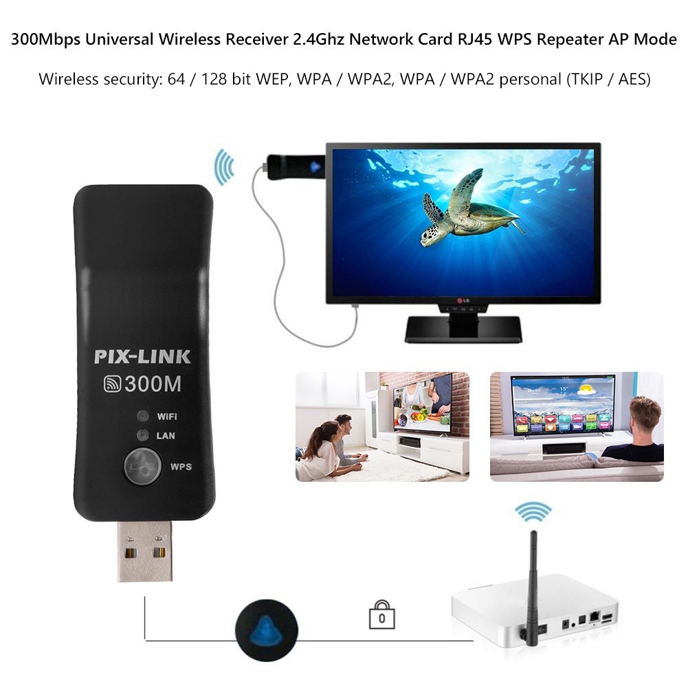 PIX-LINK  2.4GHz 300Mbps Wireless Network Card RJ45 WPS Wifi Repeater Extender