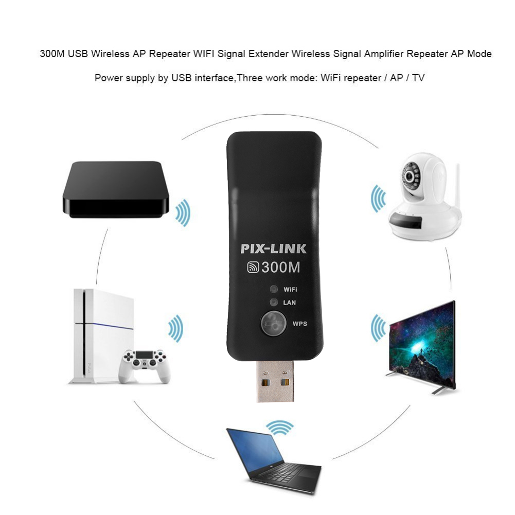 PIX-LINK  2.4GHz 300Mbps Wireless Network Card RJ45 WPS Wifi Repeater Extender