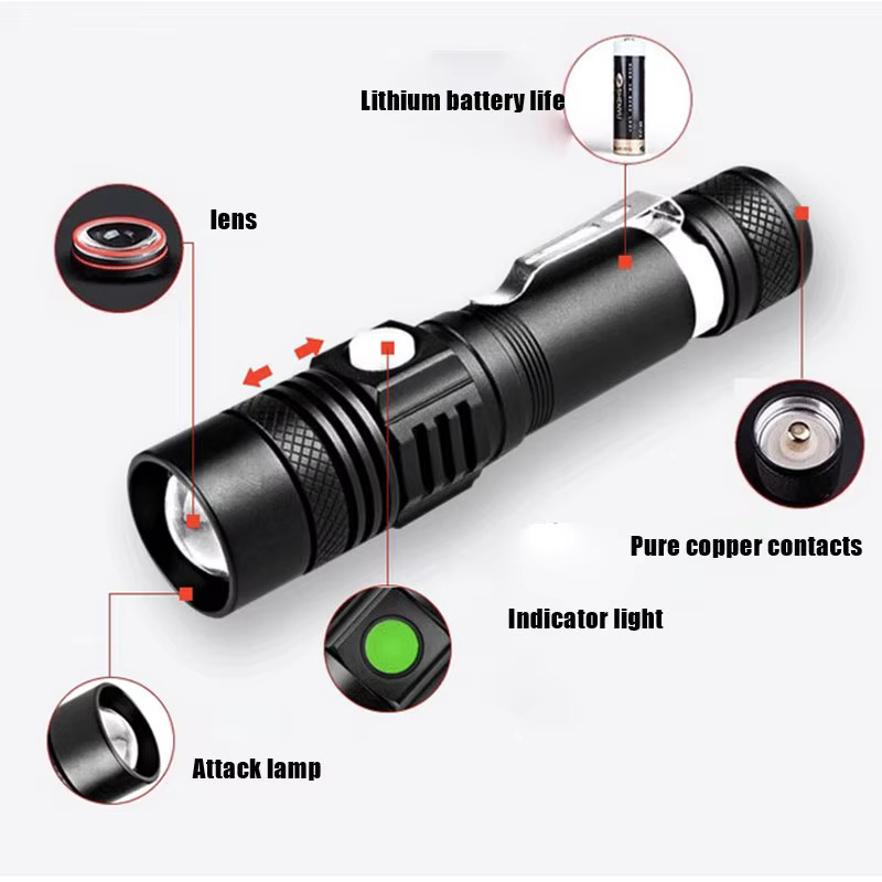 T6 strong light flashlight telescopic zoom USB charging mini flashlight