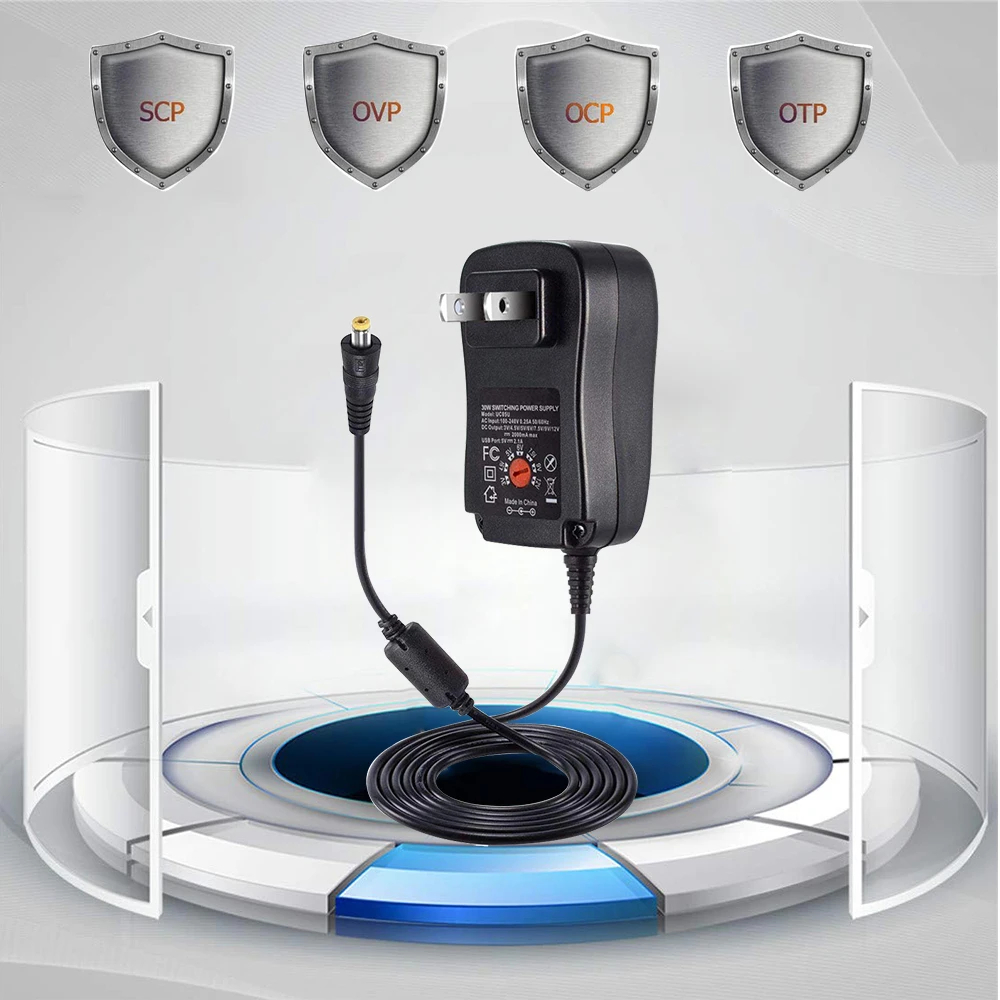30W Universal Power Adapter 3V 4.5V 5V 6V 7.5V 9V 12V AC DC Charger Converter + 5V 2.1A USB Port With 8Pcs jack