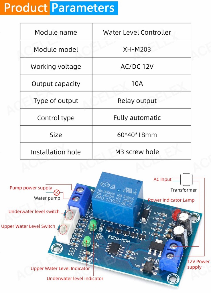 XH-M203 Full Automatic Water Level Controller Pump Switch Module AC/DC 12V Relay