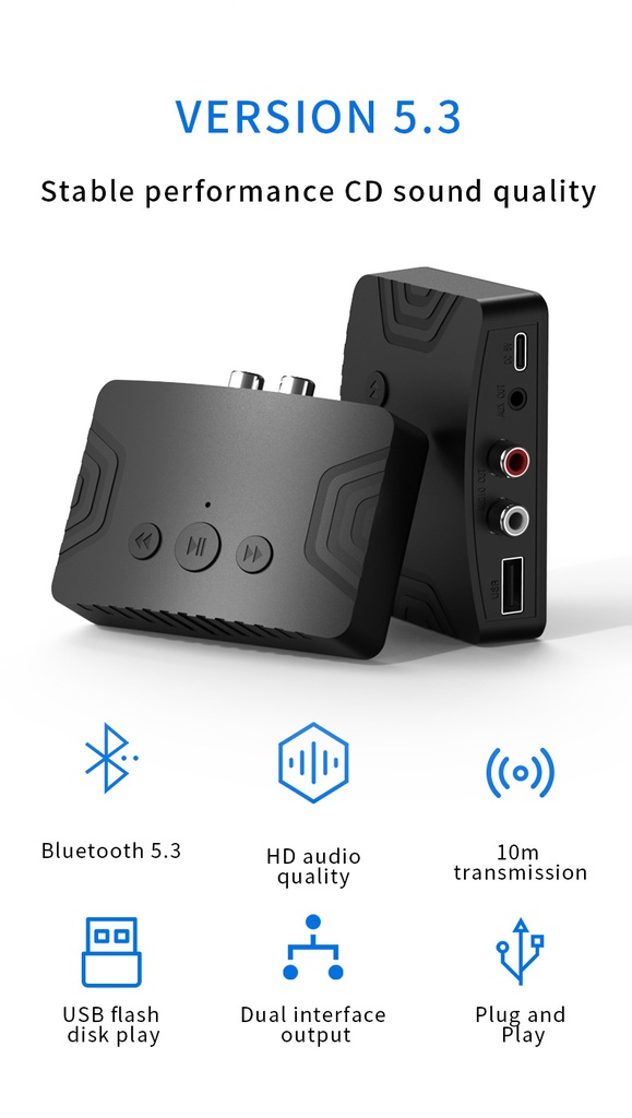 Bluetooth 5.3 Audio Receiver RCA 3.5mm AUX U-Disk USB Stereo Music Wireless Adapter