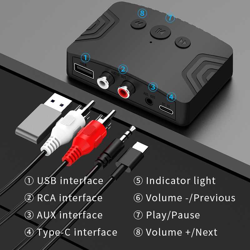 Bluetooth 5.3 Audio Receiver RCA 3.5mm AUX U-Disk USB Stereo Music Wireless Adapter