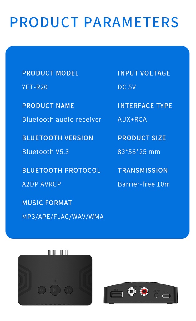 Bluetooth 5.3 Audio Receiver RCA 3.5mm AUX U-Disk USB Stereo Music Wireless Adapter