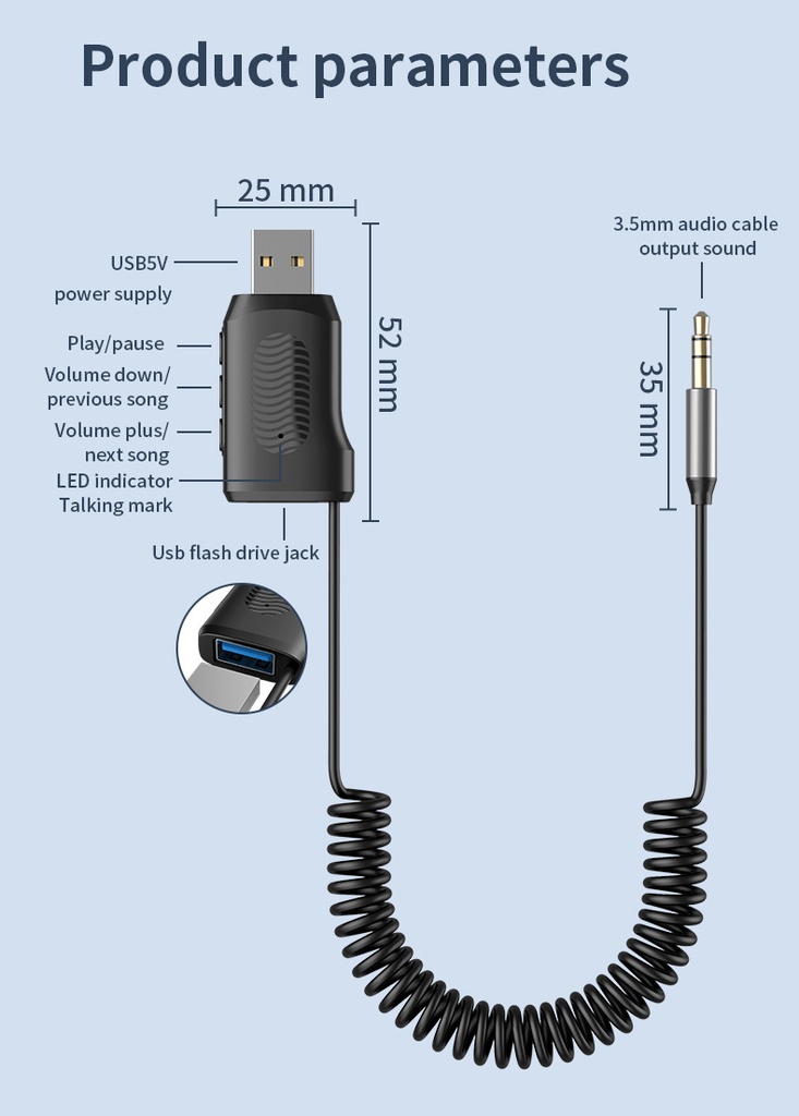 Bluetooth 5.4 Car Audio Adapter 3.5MM AUX Wireless Music Receiver With Mic Hands-free U-Disk Play