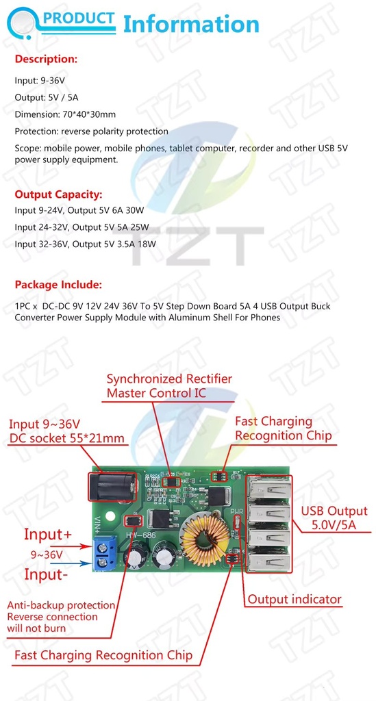 DC-DC DC 9-36V to 5V 5A Step Down Buck Converter Power Supply Module Voltage Regulator Transformer Board 4 USB with Case