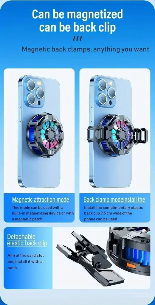 X106 Magnetic & Back Clip Phone Cooling Fan Radiator with Digital Display 3 Speeds Adjustable RGB Phone Cooler
