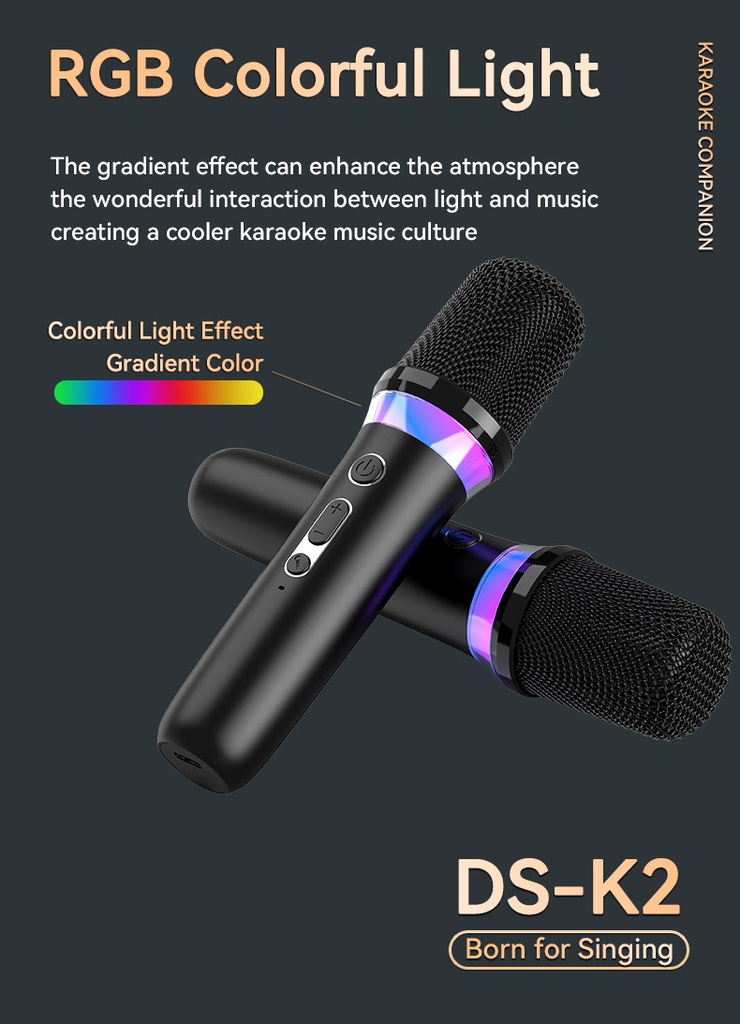 DS-K2 Karaoke Companion Bluetooth Wireless Moving-Coil Microphone With RGB Light KTV DSP Mixer System
