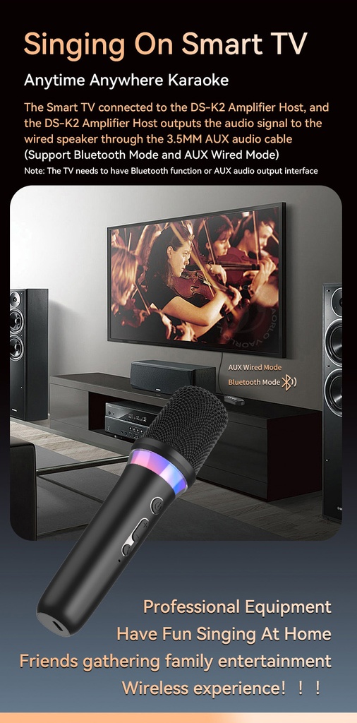 DS-K2 Karaoke Companion Bluetooth Wireless Moving-Coil Microphone With RGB Light KTV DSP Mixer System