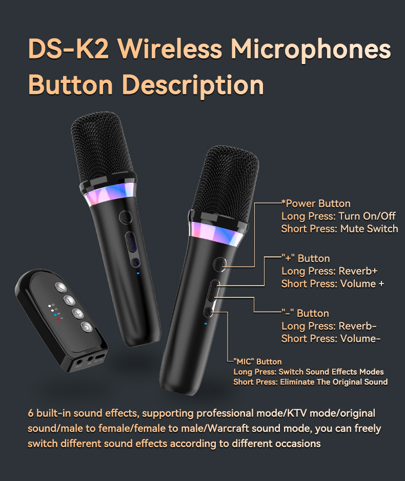 DS-K2 Karaoke Companion Bluetooth Wireless Moving-Coil Microphone With RGB Light KTV DSP Mixer System