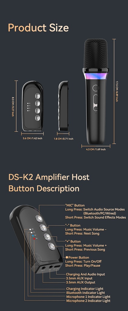 DS-K2 Karaoke Companion Bluetooth Wireless Moving-Coil Microphone With RGB Light KTV DSP Mixer System