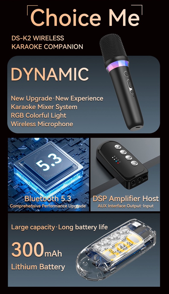 DS-K2 Karaoke Companion Bluetooth Wireless Moving-Coil Microphone With RGB Light KTV DSP Mixer System