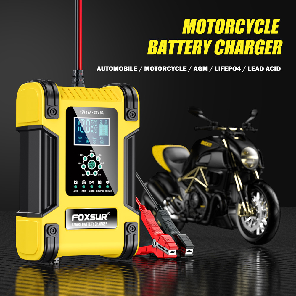 FOXSUR 7-STAGE Smart Car Battery Charger 12V 12A 24V 6A Automotive Motorcycle Boat LiFePO4 AGM GEL Lithium Lead Acid Fast Repair Desulfator