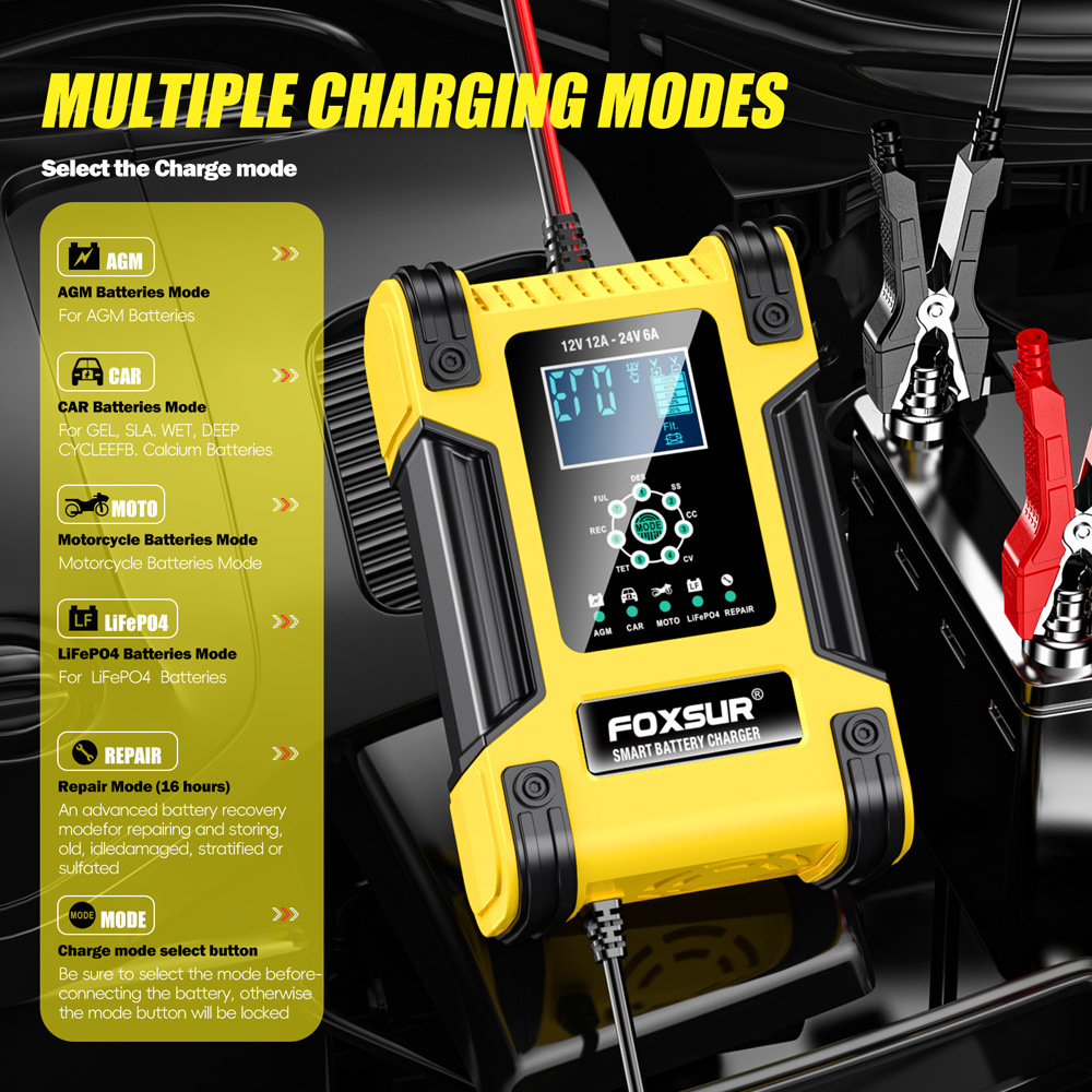 FOXSUR 7-STAGE Smart Car Battery Charger 12V 12A 24V 6A Automotive Motorcycle Boat LiFePO4 AGM GEL Lithium Lead Acid Fast Repair Desulfator