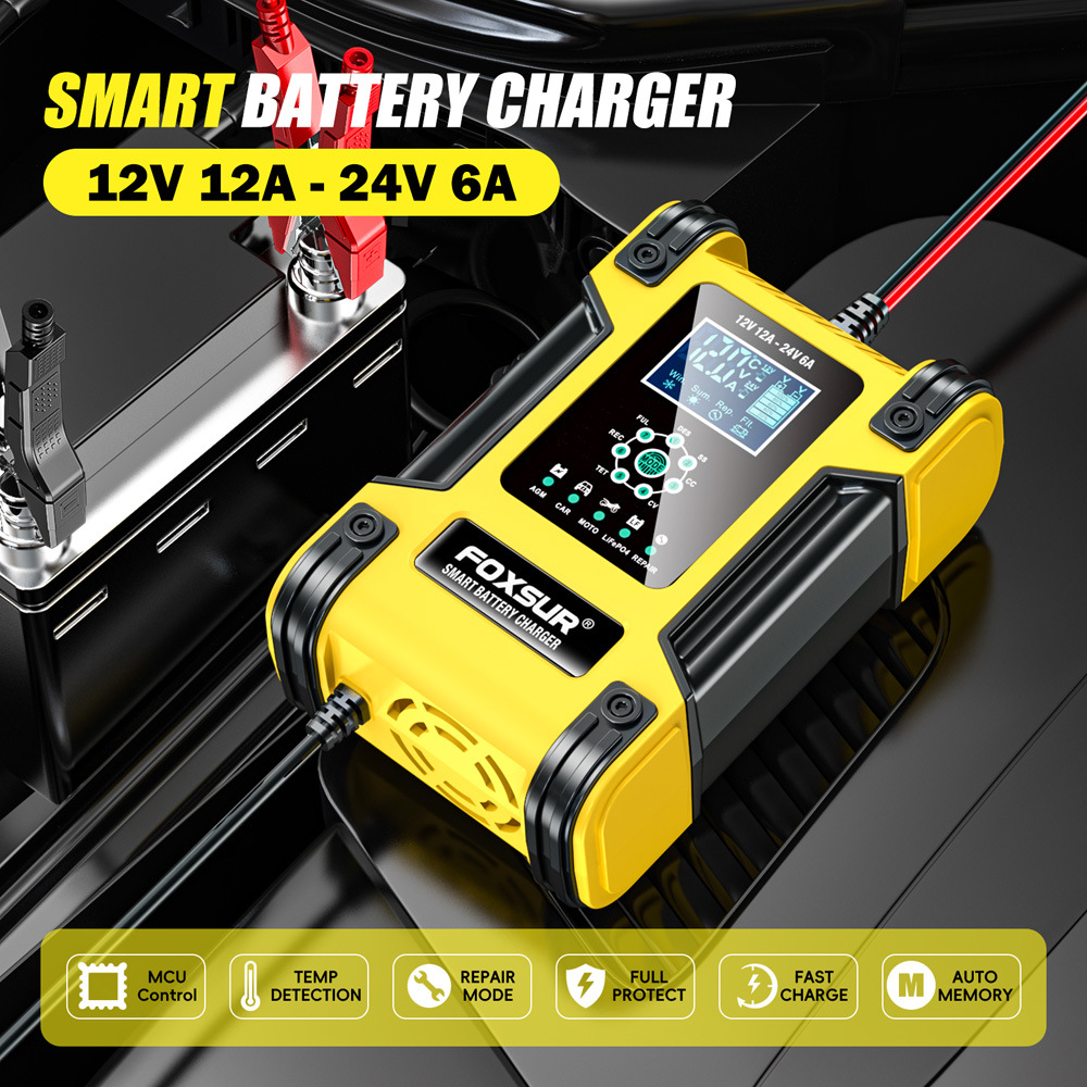 FOXSUR 7-STAGE Smart Car Battery Charger 12V 12A 24V 6A Automotive Motorcycle Boat LiFePO4 AGM GEL Lithium Lead Acid Fast Repair Desulfator