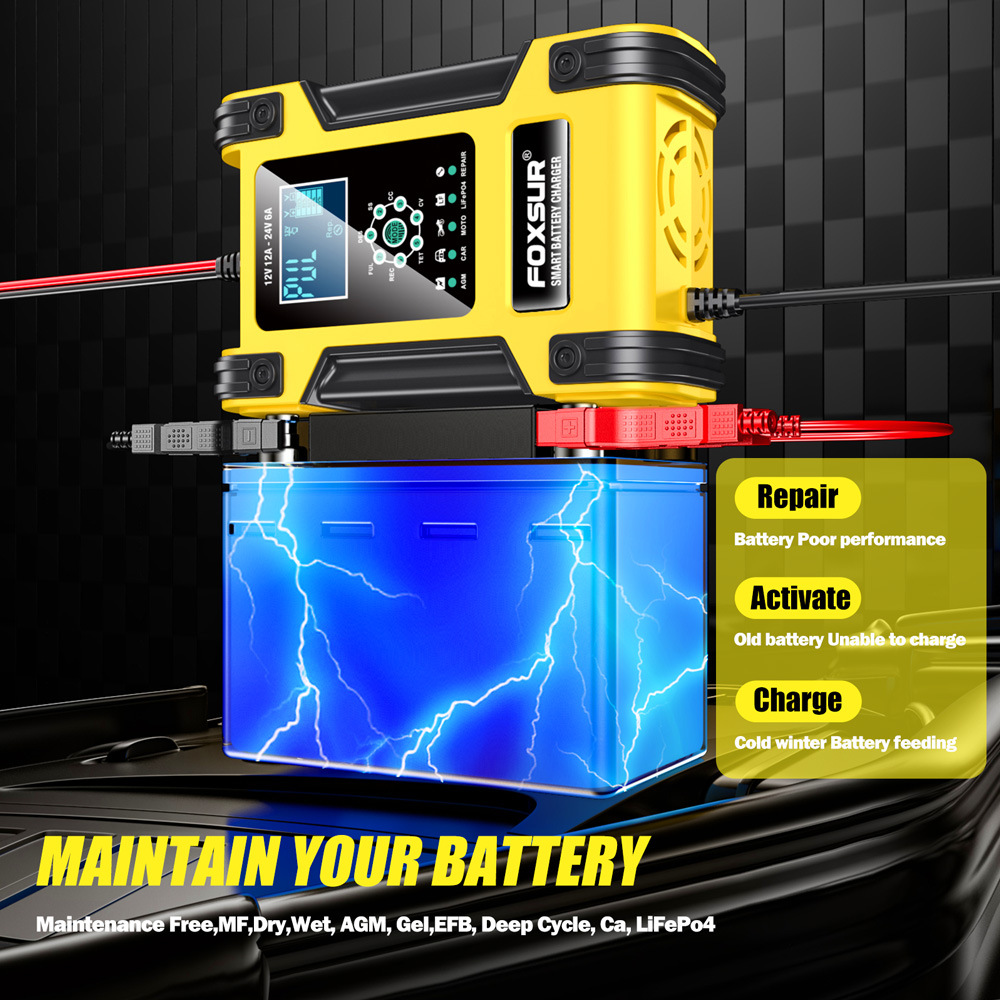 FOXSUR 7-STAGE Smart Car Battery Charger 12V 12A 24V 6A Automotive Motorcycle Boat LiFePO4 AGM GEL Lithium Lead Acid Fast Repair Desulfator