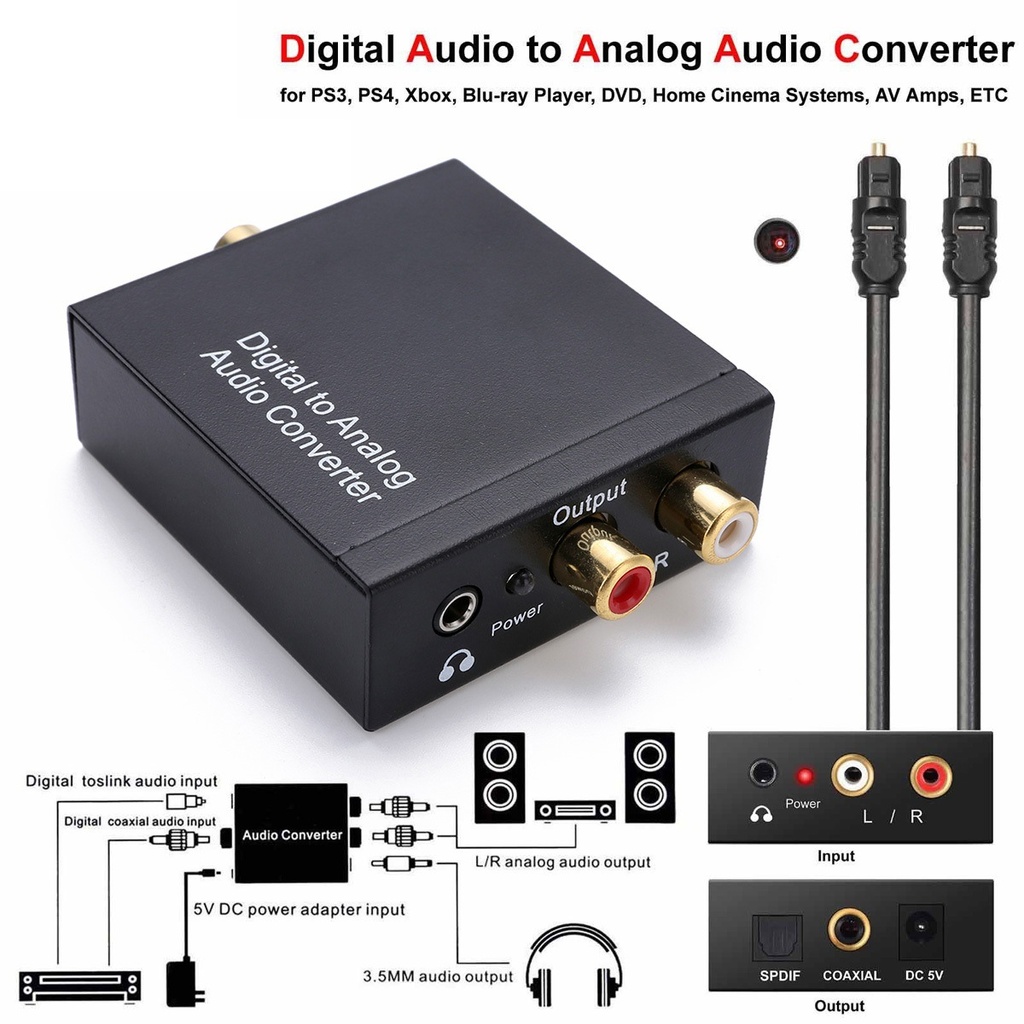 DAC Digital to Analog Audio Converter SPDIF Optical Toslink Coaxial to L/R RCA and 3.5mm Jack Headphone Amplifier Output