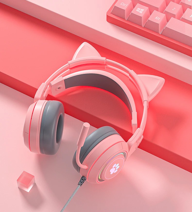 SY-G25 Wired Headphone RGB Lighting Omni-directional Mic Over-Ear Computer Headphone with Cute Cat Ear for E-sport