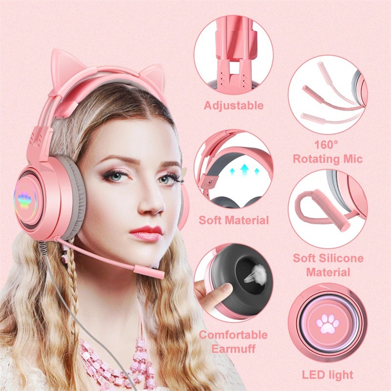 SY-G25 Wired Headphone RGB Lighting Omni-directional Mic Over-Ear Computer Headphone with Cute Cat Ear for E-sport