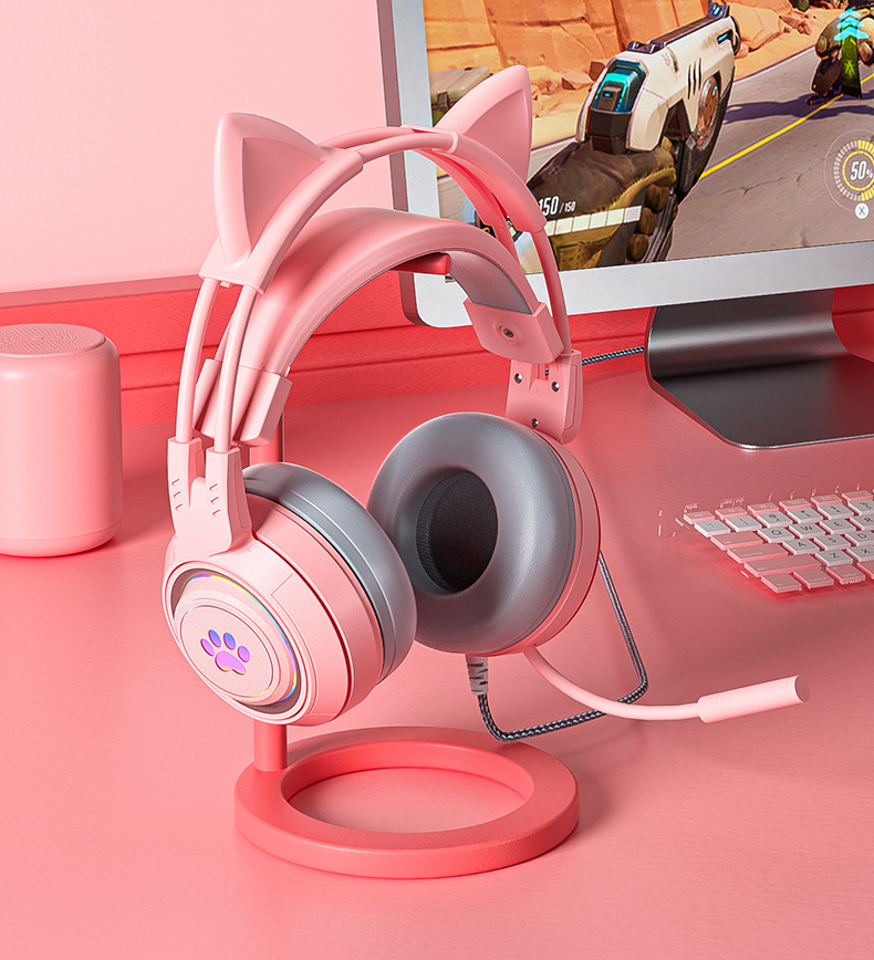 SY-G25 Wired Headphone RGB Lighting Omni-directional Mic Over-Ear Computer Headphone with Cute Cat Ear for E-sport