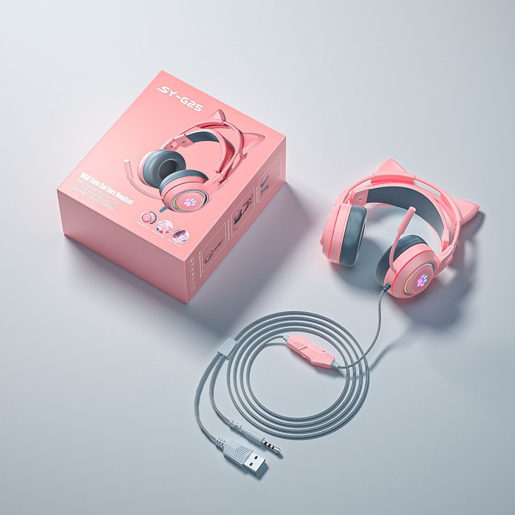 SY-G25 Wired Headphone RGB Lighting Omni-directional Mic Over-Ear Computer Headphone with Cute Cat Ear for E-sport