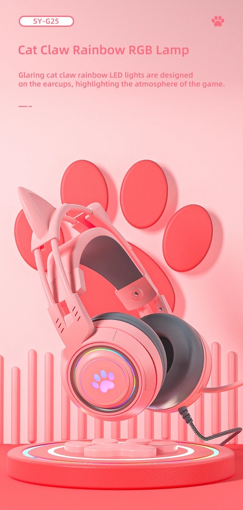 SY-G25 Wired Headphone RGB Lighting Omni-directional Mic Over-Ear Computer Headphone with Cute Cat Ear for E-sport