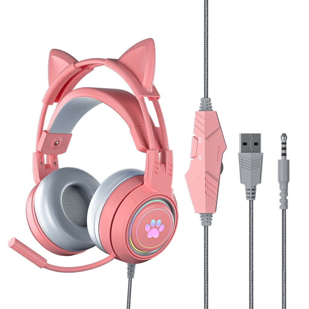 SY-G25 Wired Headphone RGB Lighting Omni-directional Mic Over-Ear Computer Headphone with Cute Cat Ear for E-sport
