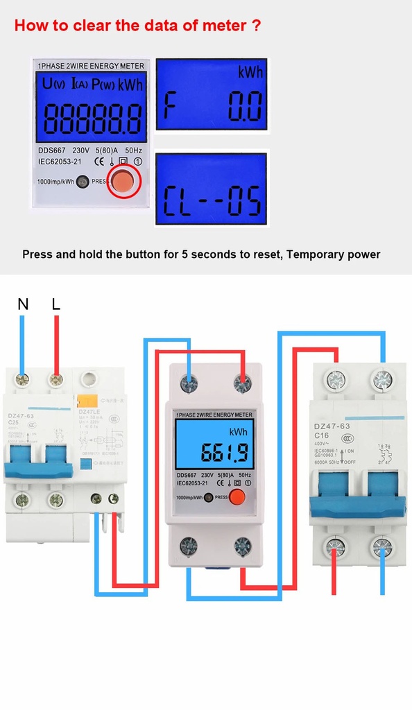 Single Phase Din-Rail Energy Meter Multi-function 1PHASE 2WIRE ENERGY METER DDS667 230V 50hz 80A
