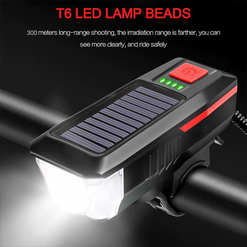 2 in 1 Bike Headlight Solar USB Rechargeable Bicycle Light With Horn T6 LED Waterproof Front Lamp Flashlight Cycling Equipment