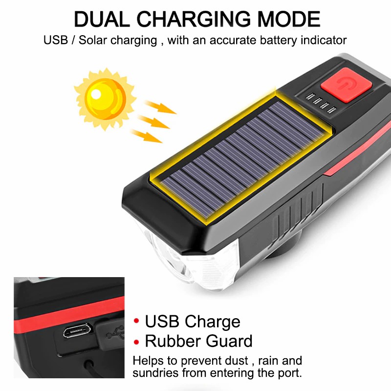 2 in 1 Bike Headlight Solar USB Rechargeable Bicycle Light With Horn T6 LED Waterproof Front Lamp Flashlight Cycling Equipment