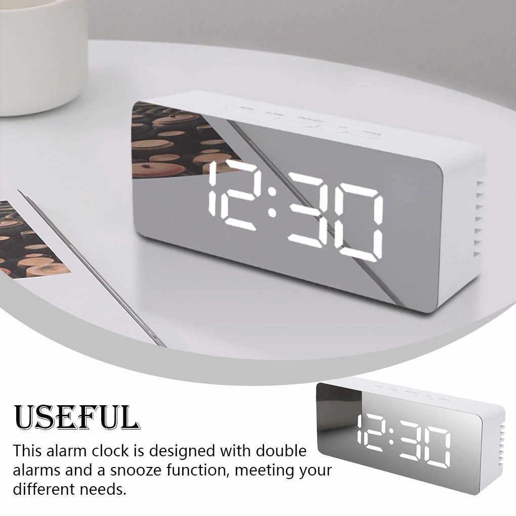 LED Mirror Digital Alarm Clock Display Time Night Light Home Decor Clock