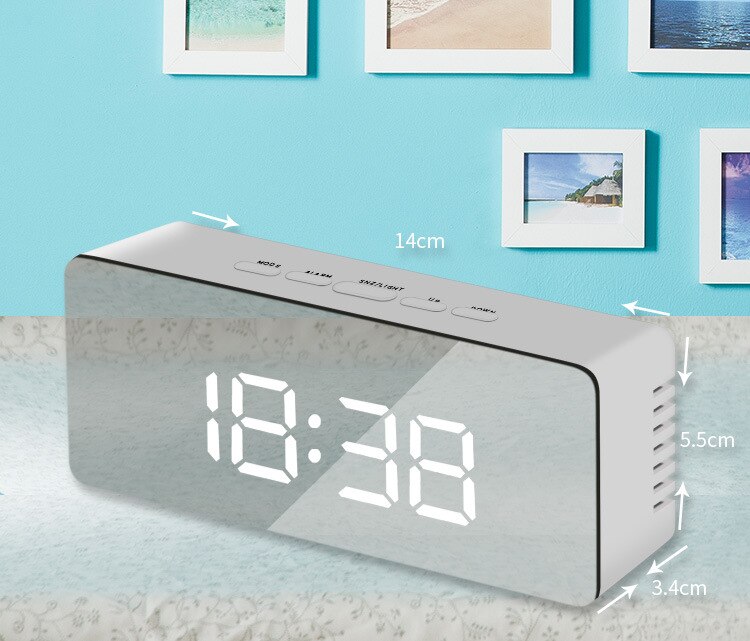 LED Mirror Digital Alarm Clock Display Time Night Light Home Decor Clock