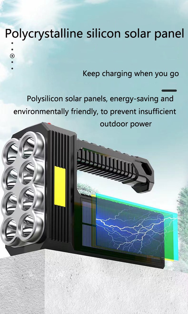 8 LED Solar rechargeable USB strong light flashlight