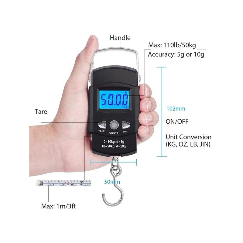 50kg/110lb-10g Digital Fish Scale Electronic Scale Portable Express Luggage Weight Hanging Scale with 1m Measuring Tape