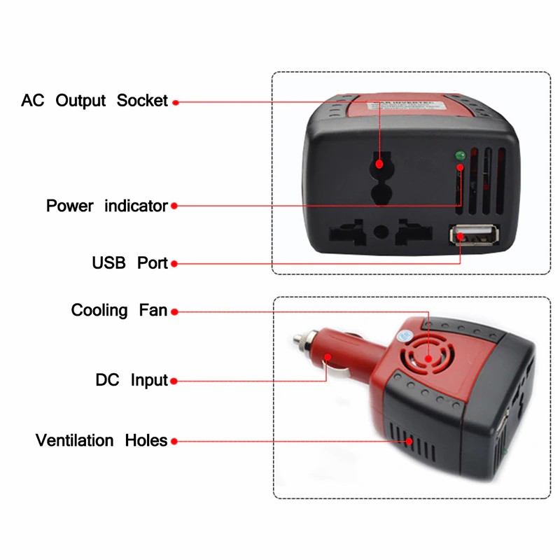 Car Inverter 150W 12V DC to 220V AC Power Supply Inverter Adapter with 2.1A USB Charger Port