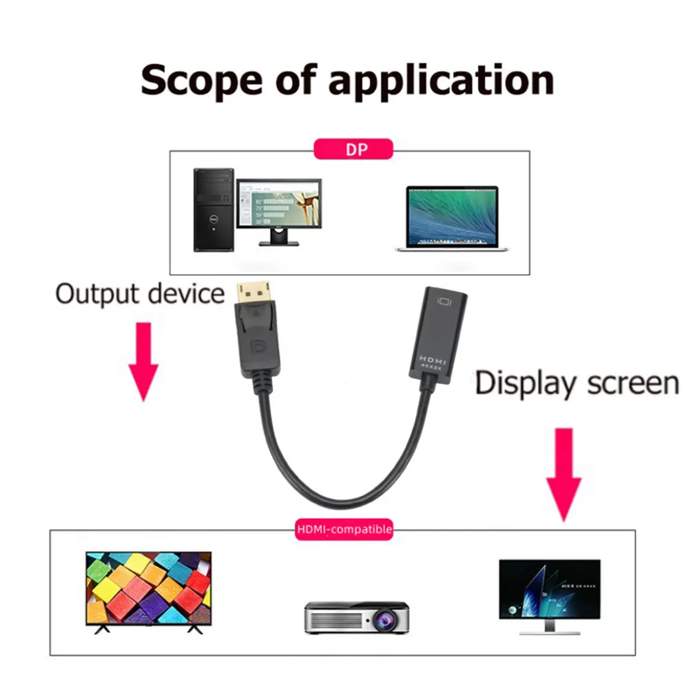 DP to HDMI Adapter Converter 4K 1080P Male to Female DisplayPort to HDMI-Compatible Video Audio Adapter Cable for PC TV Laptop
