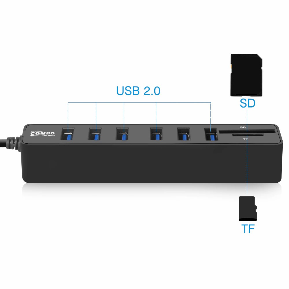 USB Hub Combo Splitter 6 Ports USB 2.0 High Speed Mini 2 In 1 SD TF Card Reader super mini size which is portable and convenient