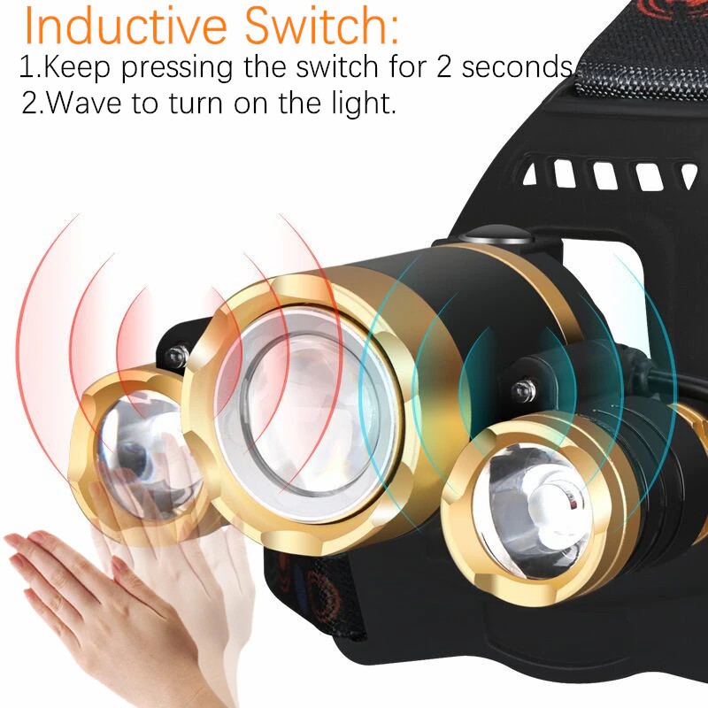 USB Rechargeable Zoom Led Headlight Induction 3LED T6 Head Lamp
