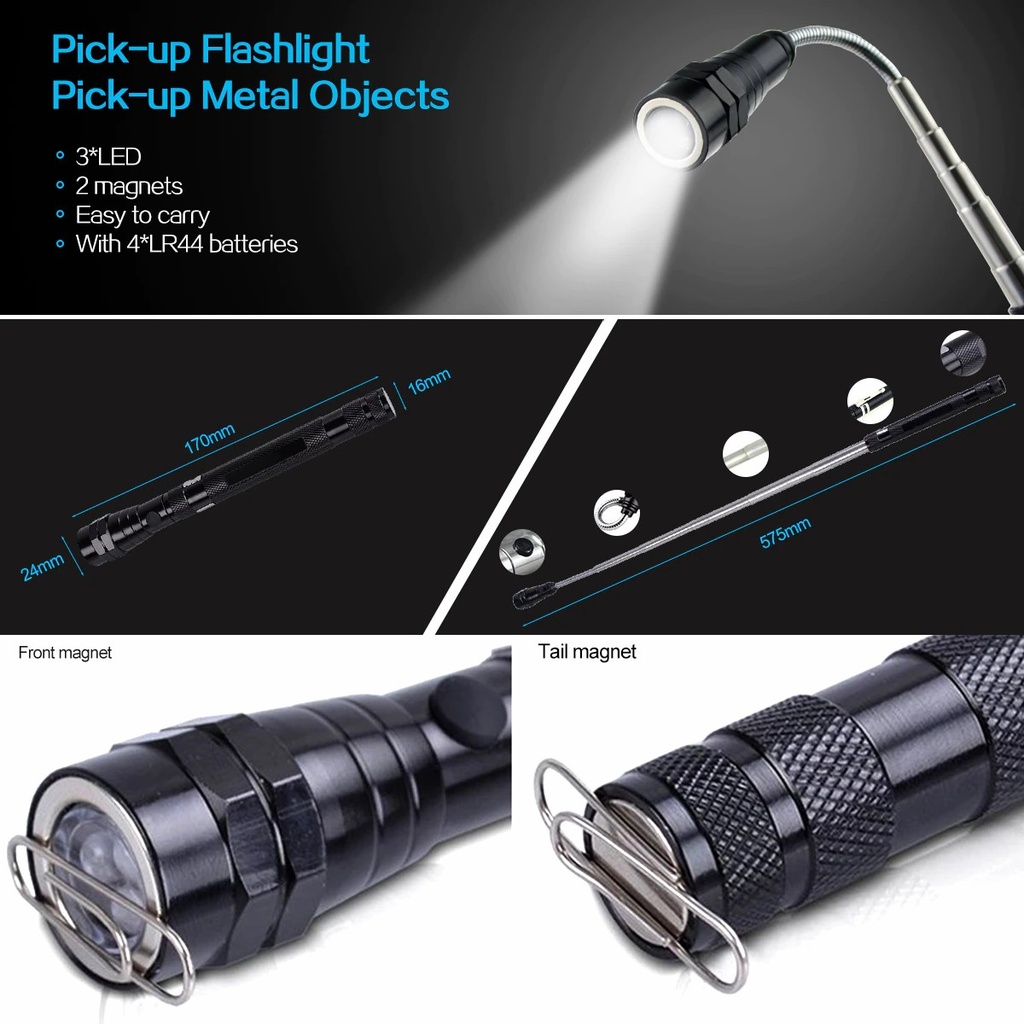 Flexible Flashlight Torch Lamp 3LED 360 Degree LEDs Flashlights Magnetic Head Telescopic Pick Up Tool Torch Lamps