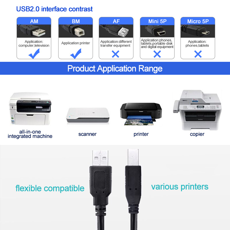USB High Speed 2.0 A To B Male Cable Printer Cord 1.5m