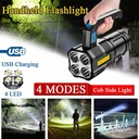 4 Core Portable LED Flashlight USB Rechargeable Light Waterproof COB Flashlight