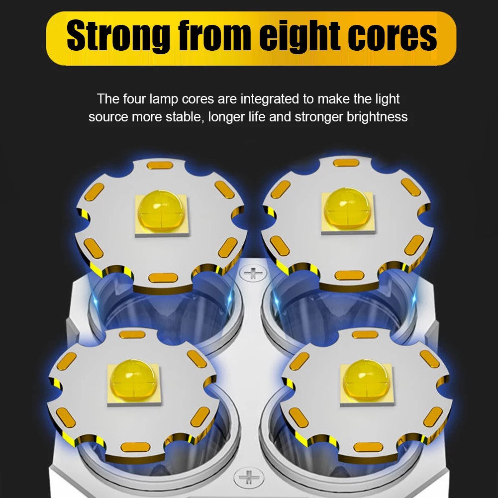 4 Core Portable LED Flashlight USB Rechargeable Light Waterproof COB Flashlight