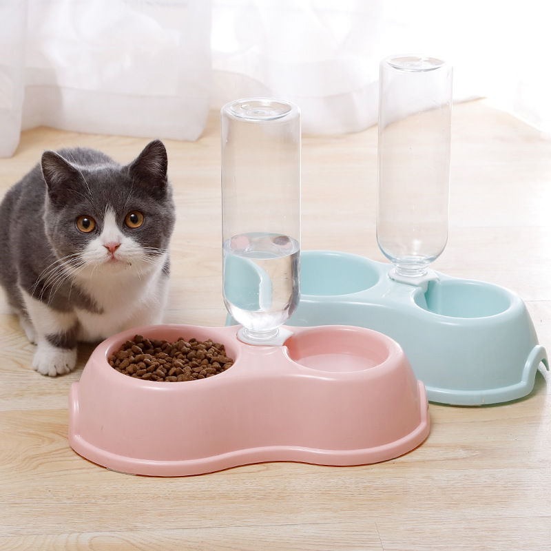 Pet Double Bowls Dog Cat Automatic Feeder with Water Fountain Food Container